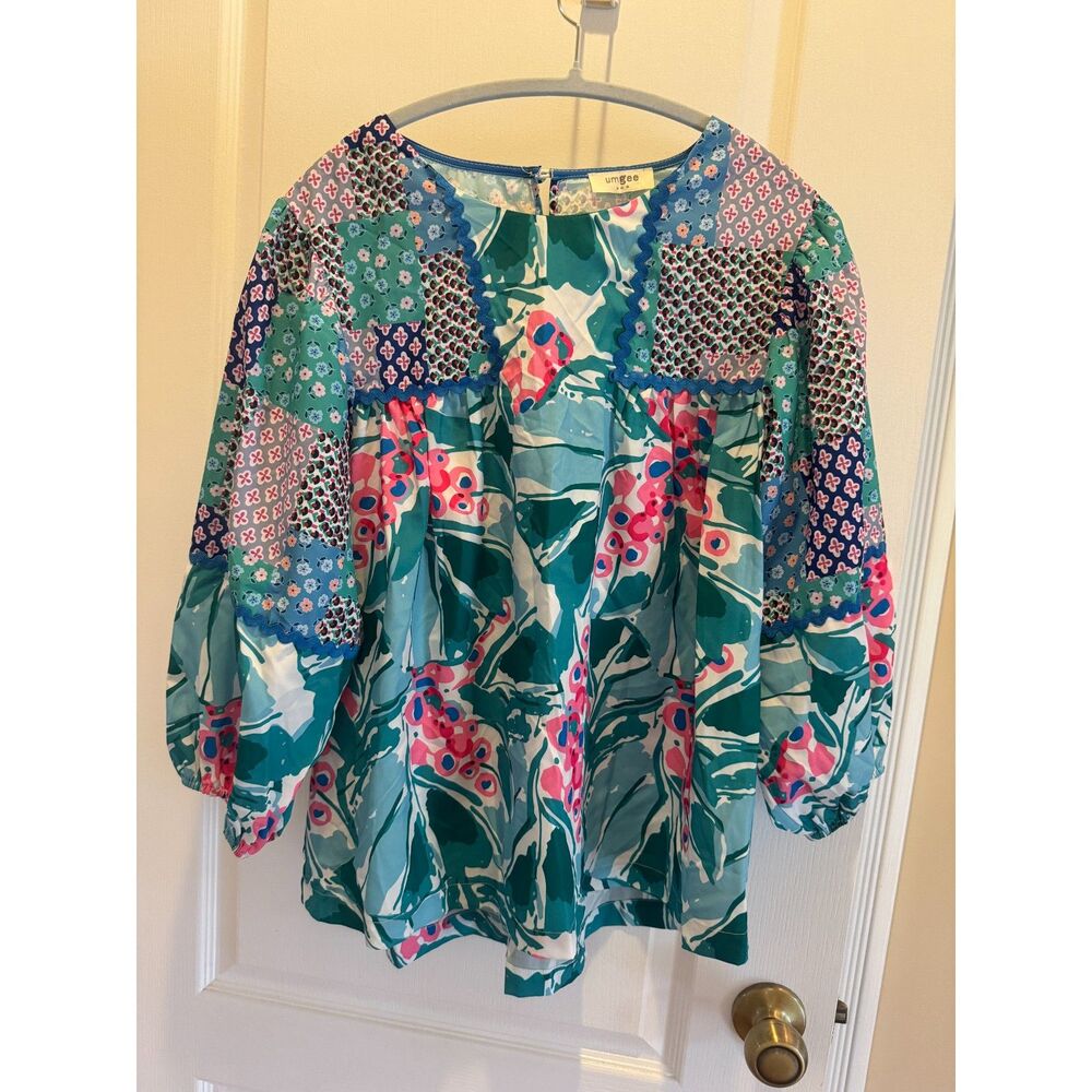 Umgee Mixed Floral Patchwork Ric-Rac Blouse – Long Sleeve Top M/L